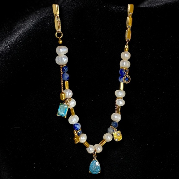 Coastal Charm Necklace – Pearls, Blue Gems & Gold - Picture 4 of 5